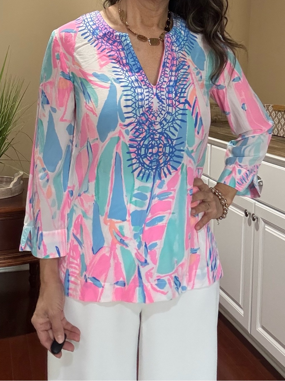 Lilly Pulitzer Pink Multi-Color V-Neck Embroidered Silk Top XS *Flaw